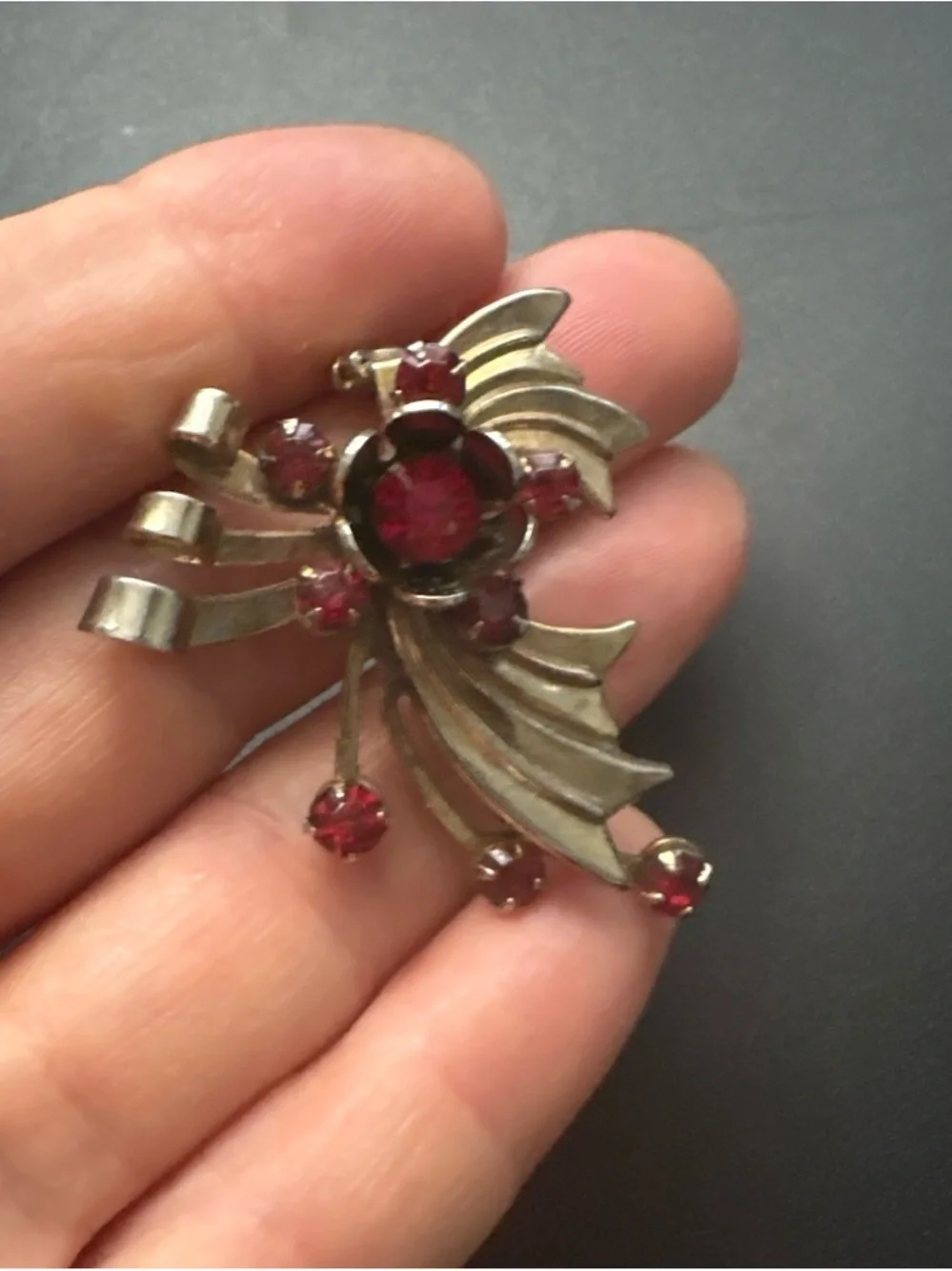 Vintage Gold-Tone Floral Brooch with Red Crystal Accents